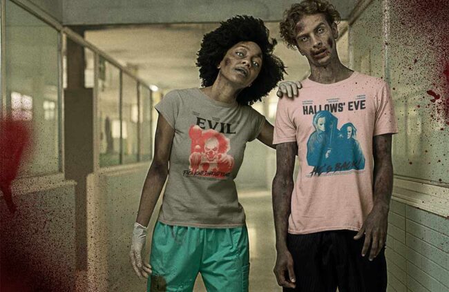 ragazzo e ragazza indossano magliette personalizzate a tema halloween