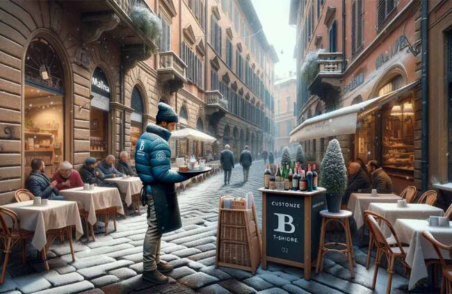 cameriere con abbigliamento personalizzato adatto a servire nei dehors in inverno
