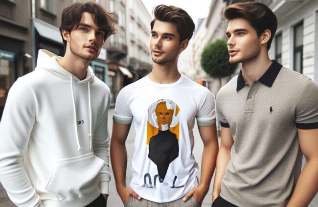 un ragazzo con una felpa personalizzata, uno con una maglietta personalizzata e uno con una polo personalizzata