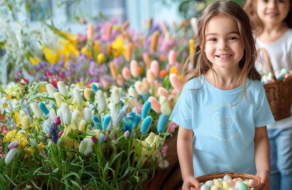 bambina indossa una delle sue magliette personalizzate per la Pasqua