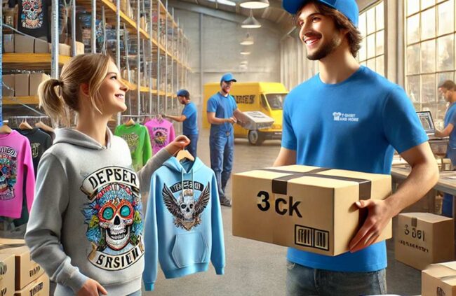 ragazzo consegna le magliette personalizzate prodotte da t-shirt and more